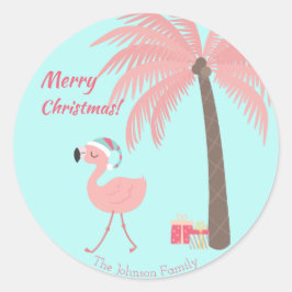Pegatina Redonda Feliz Navidad - Flamingo Santa Tropical Dulce