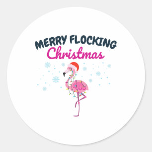 Pegatina Redonda Feliz Navidad Flockeante Tropical Flamenco de Flor