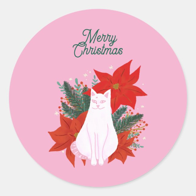 Pegatina Redonda Feliz Navidad Floral Cat (Anverso)