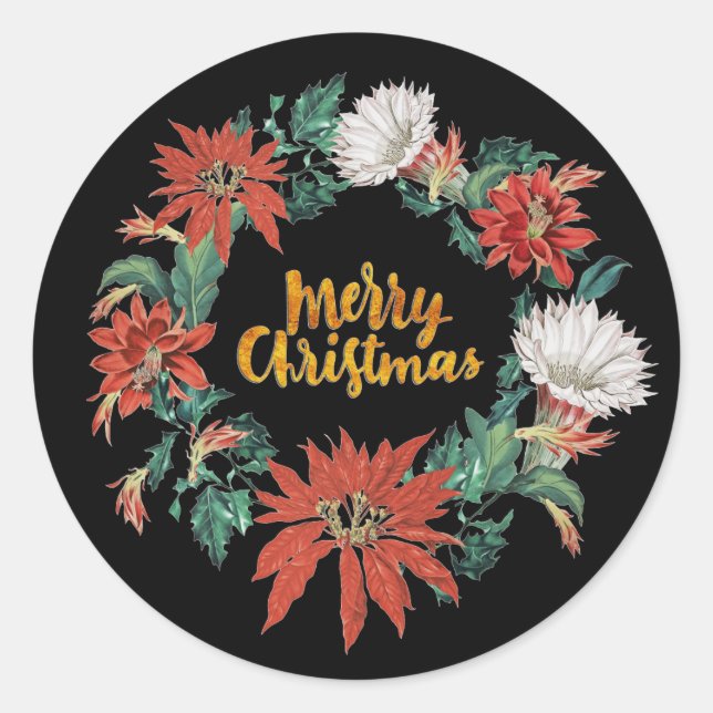 Pegatina Redonda Feliz Navidad Floral Poinsettia Wreath sobre negro (Anverso)