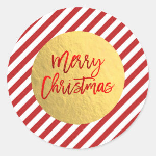 Pegatina Redonda Feliz Navidad Franjas Rojas Hojas de Oro