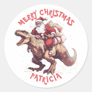 Pegatina Redonda Feliz Navidad Funny Papá Noel Montando Dinosaurio