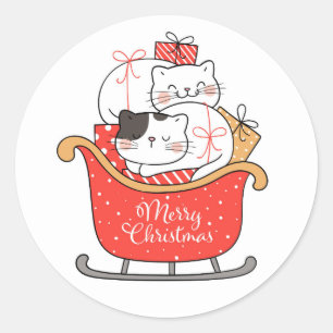 Pegatina Redonda Feliz Navidad gatitos en Sleigh