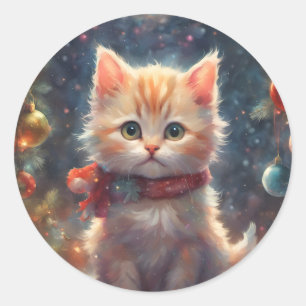 Pegatina Redonda Feliz Navidad Gato Kitty, gatito de vacaciones, Ma