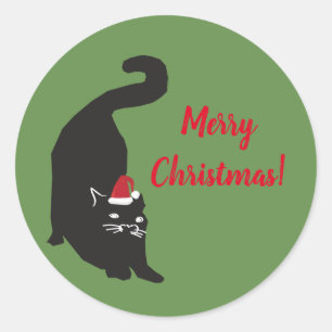 Pegatina Redonda Feliz Navidad Gato Negro