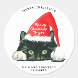 Pegatina Redonda feliz navidad gato sticker de navidad