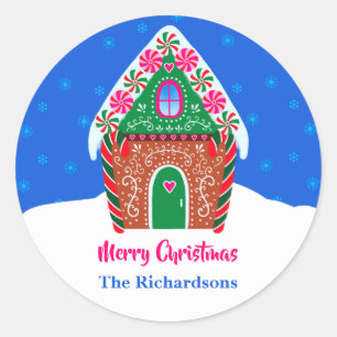 Pegatina Redonda Feliz Navidad Gingerbread House Elegante Azul