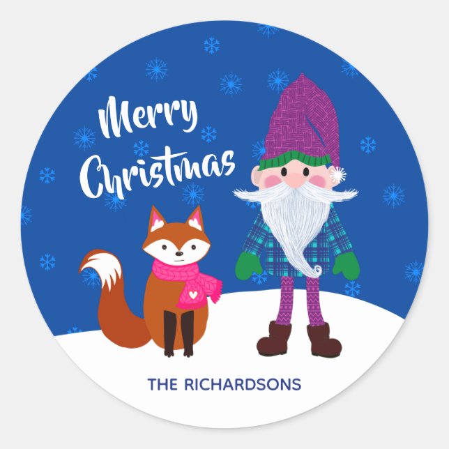 Pegatina Redonda Feliz Navidad Gnome Fox Snowflakes Night Time (Anverso)