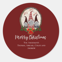 Pegatina Redonda Feliz Navidad Gnomes Rojo, Rústico, Fundido, De Mo