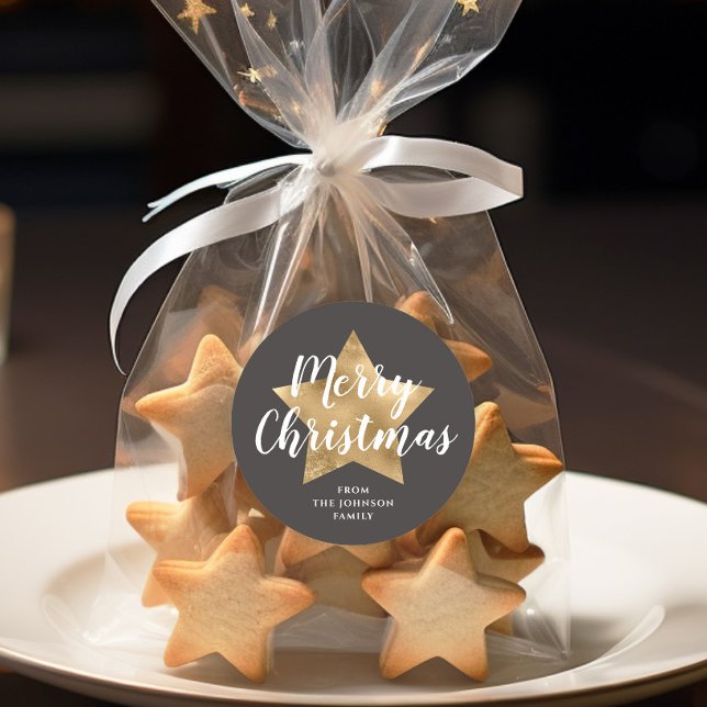 Pegatina Redonda Feliz Navidad Gold Star Brown (Merry Christmas Gold Star Brown Classic Round Sticker)