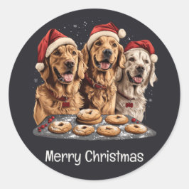 Pegatina Redonda Feliz Navidad Golden Retriever Dogs Baking