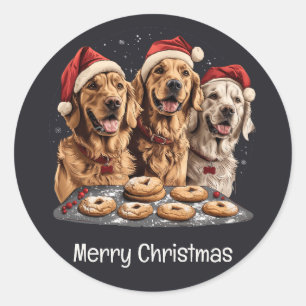 Pegatina Redonda Feliz Navidad Golden Retriever Dogs Baking