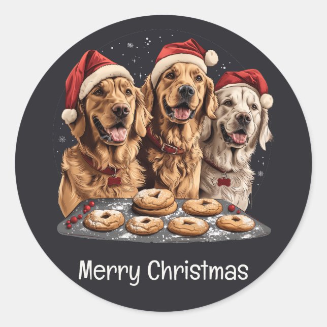 Pegatina Redonda Feliz Navidad Golden Retriever Dogs Baking (Anverso)