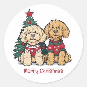 Pegatina Redonda Feliz Navidad Goldendoodle Dogs