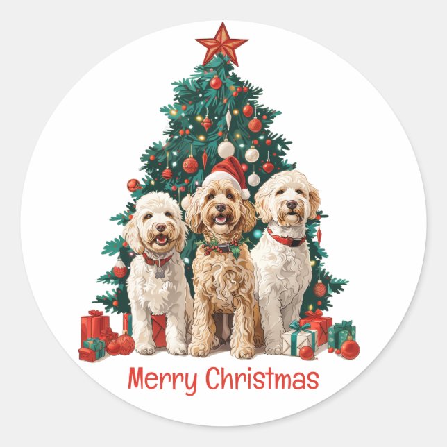 Pegatina Redonda Feliz Navidad Goldendoodle Dogs (Anverso)