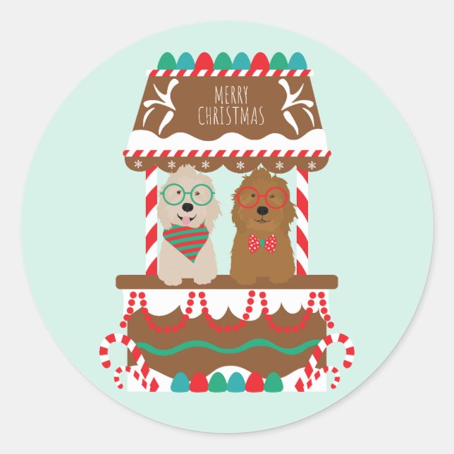 Pegatina Redonda Feliz Navidad Goldendoodles Holiday Stand Dogs (Anverso)