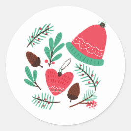 Pegatina Redonda Feliz Navidad Gorra De Invierno Y Pineconas