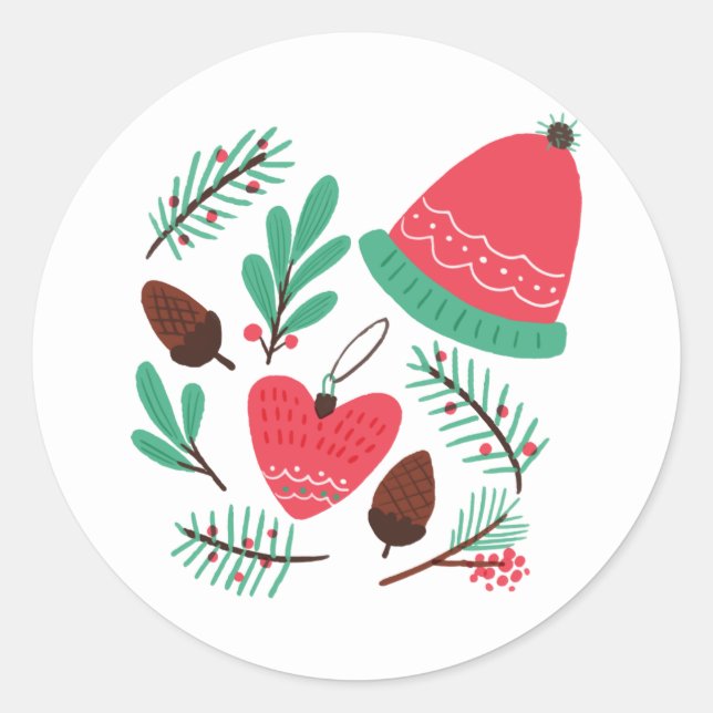 Pegatina Redonda Feliz Navidad Gorra De Invierno Y Pineconas (Anverso)