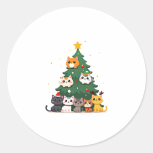 Pegatina Redonda Feliz Navidad Gracioso Árbol de Navidad Cats Navid