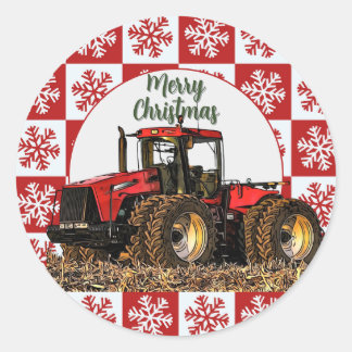 Pegatina Redonda Feliz Navidad Granja Tractor Rojo Fiesta Nieve