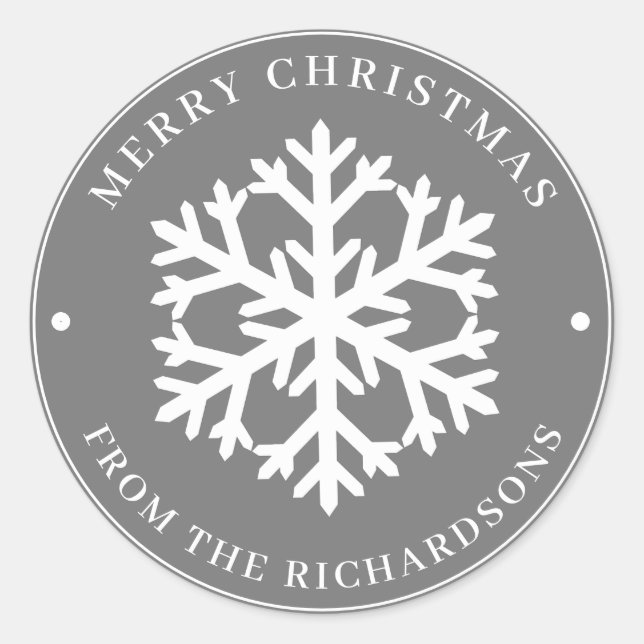 Pegatina Redonda Feliz Navidad Gray Round White Snflake (Anverso)