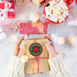 Pegatina Redonda Feliz Navidad Green Wreath Winter Red Woodland