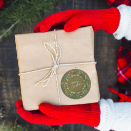 Pegatina Redonda Feliz Navidad Green Wreath Woodland Wood Mustard