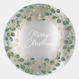 Pegatina Redonda Feliz Navidad Green Wreath Woodland Wood Silver