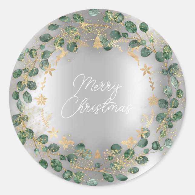 Pegatina Redonda Feliz Navidad Green Wreath Woodland Wood Silver (Anverso)