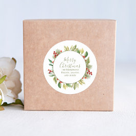 Pegatina Redonda Feliz Navidad Greenery Wreath Personalizado