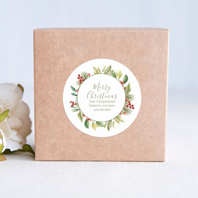 Pegatina Redonda Feliz Navidad Greenery Wreath Personalizado (Subido por el creador)
