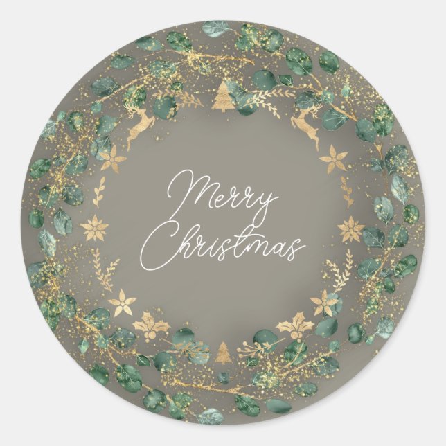Pegatina Redonda Feliz Navidad Grey Green Wreath Woodland Gold (Anverso)