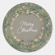 Feliz Navidad Grey Green Wreath Woodland Gold