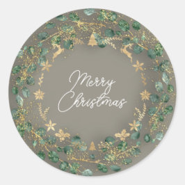 Pegatina Redonda Feliz Navidad Grey Green Wreath Woodland Gold