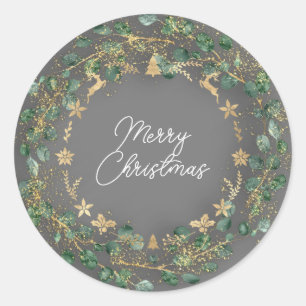 Pegatina Redonda Feliz Navidad Grey Green Wreath Woodland Gold