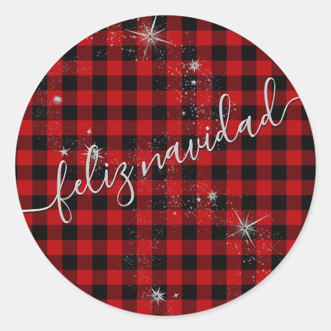 Pegatina Redonda Feliz Navidad Guión Plateado Moderno y Tartán Rojo (Anverso)