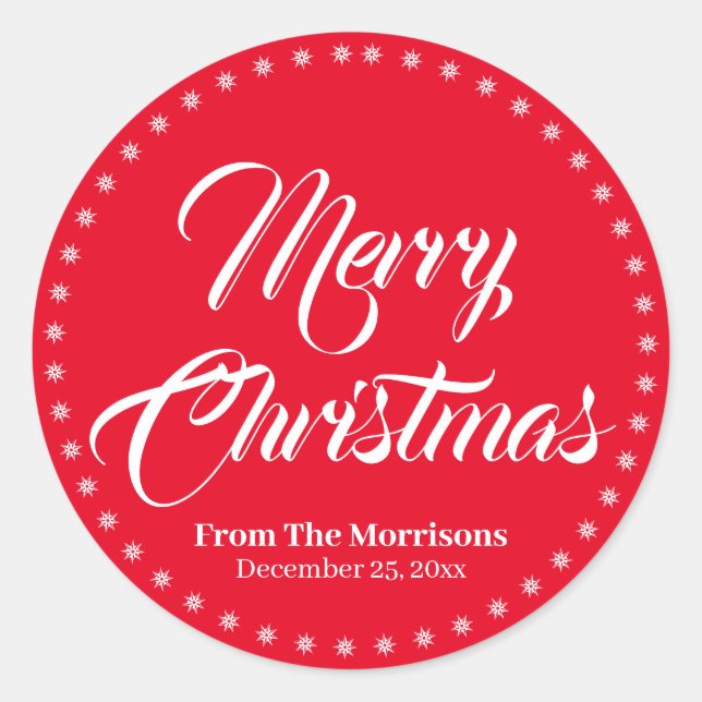 Pegatina Redonda Feliz Navidad guión rojo favores de nombre persona (Anverso)