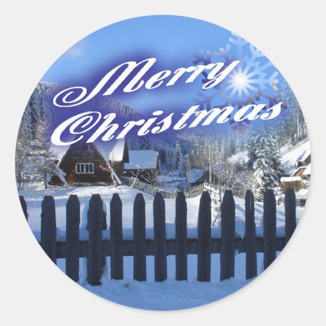 Pegatina Redonda Feliz Navidad - Hermosa cabaña de troncos en la ni (Anverso)
