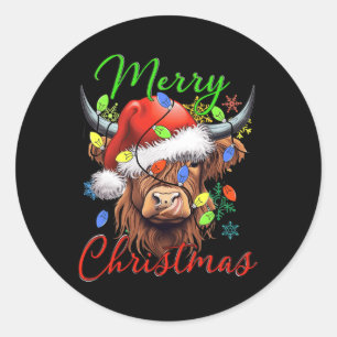 Pegatina Redonda Feliz Navidad Highland Cow Western Santa Hat Xma