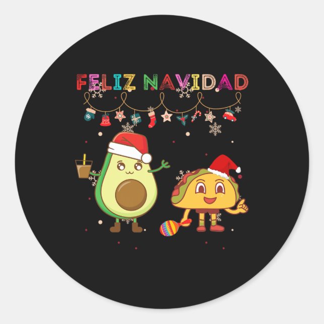 Pegatina Redonda Feliz Navidad hispánica aguacate tacacos mexicano  (Anverso)