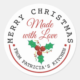 Pegatina Redonda Feliz Navidad Holly Berries Hecho Con Amor