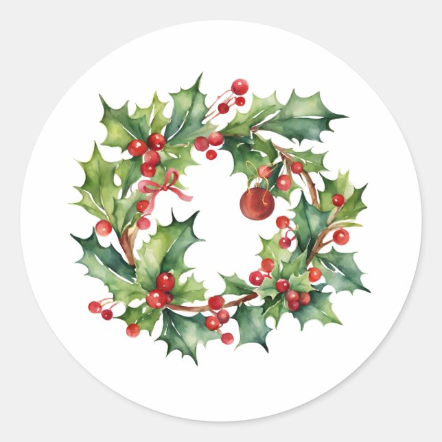 Pegatina Redonda Feliz Navidad Holly Berry Wreath (Anverso)