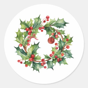 Pegatina Redonda Feliz Navidad Holly Berry Wreath