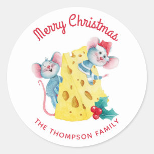 Pegatina Redonda Feliz Navidad Holly Cheese Mice Personalizado