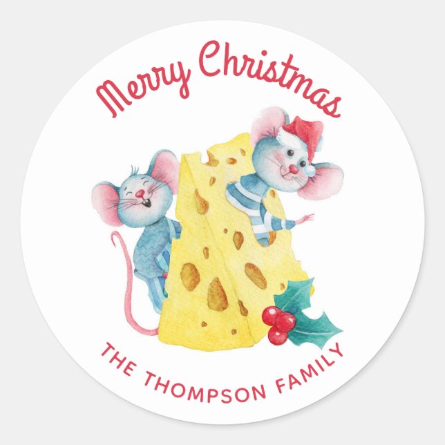 Pegatina Redonda Feliz Navidad Holly Cheese Mice Personalizado (Anverso)