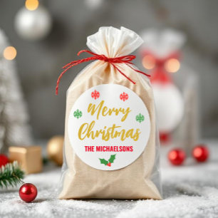 Pegatina Redonda Feliz Navidad Holly Snowflakes Nombre de la famili