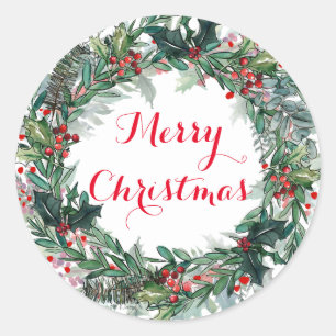 Pegatina Redonda Feliz Navidad Holly Wreath