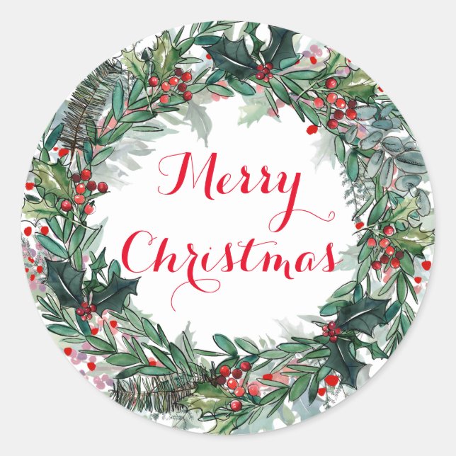 Pegatina Redonda Feliz Navidad Holly Wreath (Anverso)
