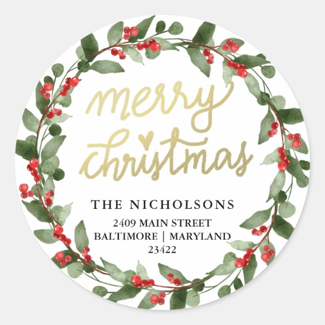 Pegatina Redonda Feliz Navidad Holly Wreath | Dirección de devoluci (Anverso)