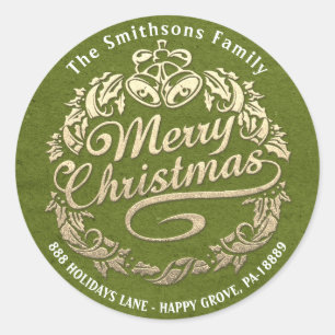 Pegatina Redonda Feliz Navidad Holly Wreath RSVP Gold Green